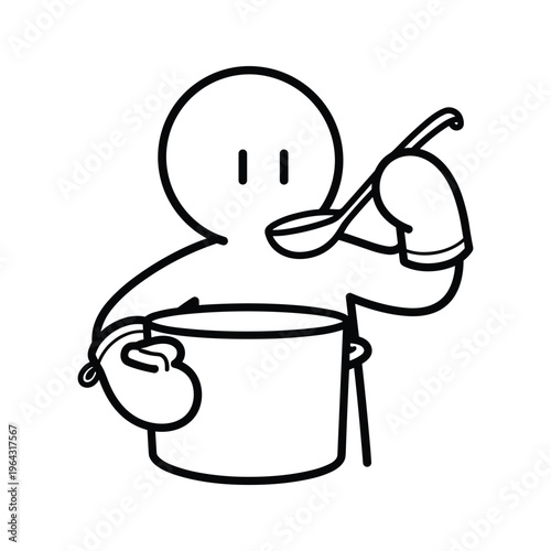 Cartoon Character Tasting Soup From Pot with Oven Mitts