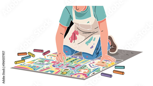 Child's Artful Creation: A young individual focuses intensely, creating vibrant artwork with colorful pastels. This captures the joy of artistic expression and creative exploration.