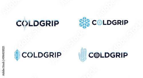 Four variations of the COLDGRIP logo with different icy icons.
