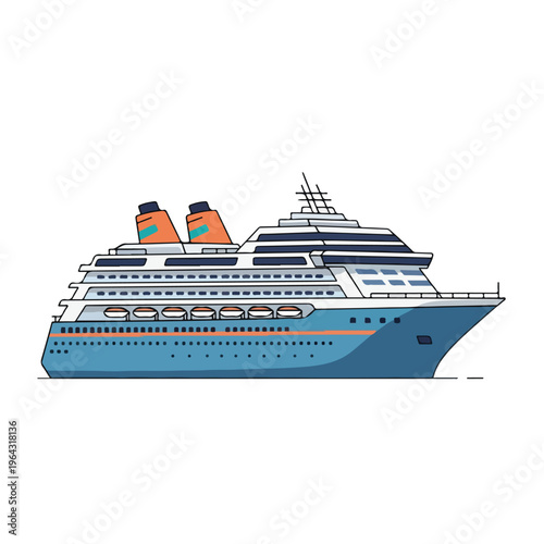 Large ocean cruise ship with two orange funnels sailing
