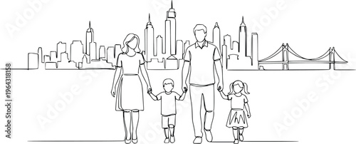 Continuous Line Drawing Family Walking in City Skyline Minimalist Hand Drawn Vector Illustration