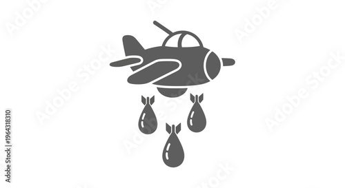 Bomber Plane Dropping Bombs Vector Illustration - Flat Grayscale Graphic Depicting Military Air Strike and Warfare Concept for Danger and Conflict Symbolism