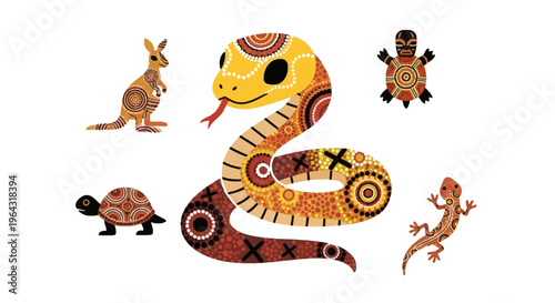 Australian Aboriginal Animals Vector Illustration. Traditional Dot Painting Style with Snake, Kangaroo, Turtle, Lizard.