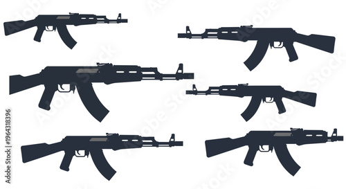 Automatic Assault Rifle Silhouettes Vector Illustration Set for Military, War, Conflict, and Security Concepts in Flat Design Style