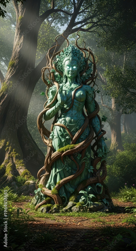 Fototapeta premium Ancient stone figure representing nature is enveloped by thick, woody vines in a sunlit forest clearing