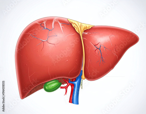Detailed medical illustration of a healthy human liver and gallbladder. This clean, anatomical design is ideal for healthcare education, biology textbooks, and scientific research.