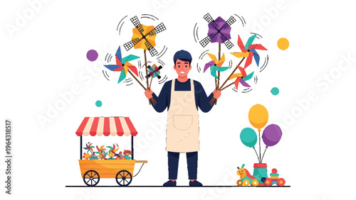Whimsical Toy Seller: A cheerful toy seller showcases colorful pinwheels, surrounded by a festive display of playthings, balloons, and a charming cart filled with delightful treasures.