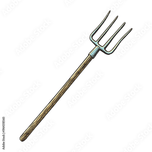 Traditional pitchfork used in farming illustrated in vintage engraving style