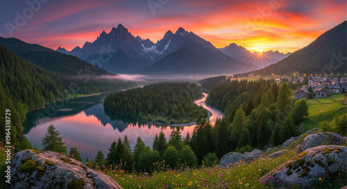 Konstfotografi Mountain Landscape With River Sunset.