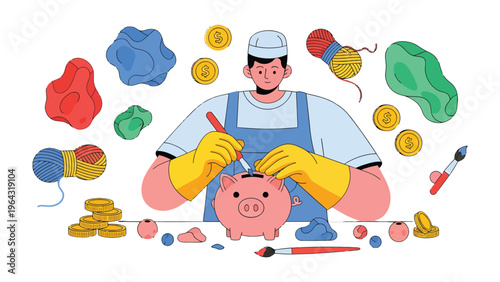 Savings and Creativity: A man meticulously deposits coins into a pink piggy bank, surrounded by art supplies, symbolizing the fusion of savings and artistic pursuits. 