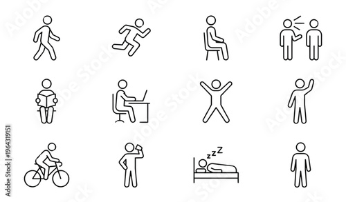 A set of minimalist line art icons depicting various human activities and emotions