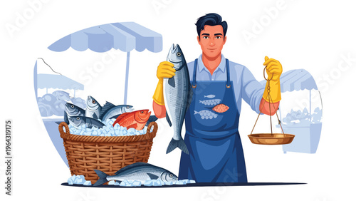 Fresh Catch at the Market: A fishmonger proudly presents a freshly caught fish at a bustling market, showcasing the day's delicious offerings.