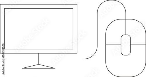 vector illustration of a computer mouse, Hand-drawn computer monitor outline illustration, desktop setup with blank screen and analytics dashboard. High-resolution PNG, tech, business, office workspac
