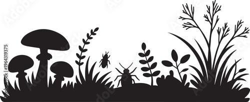 A detailed black silhouette graphic depicting a forest floor scene featuring mushrooms and bugs. isolated on white background