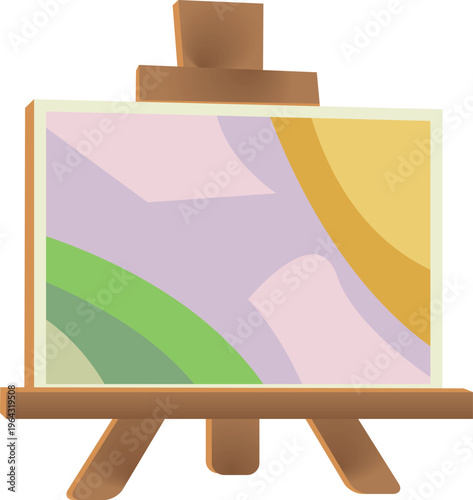 artist easel with brushes,  set of wood easel with white canvas, paint brush and palette render icon. Artist tools, tripod stand with painting board and watercolor, front and side view. Art studio equ