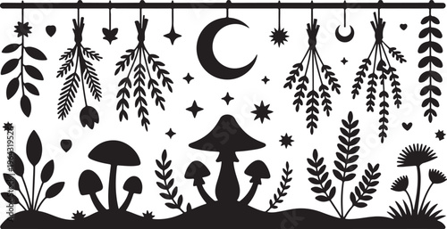 A mystical black and white illustration featuring hanging dried herbs and forest mushrooms at night. isolated on white background