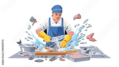 Artisanal Fishmonger: A skilled fishmonger expertly prepares fresh seafood, wielding a sharp knife amidst a splash of water, creating an artistic representation of culinary precision.