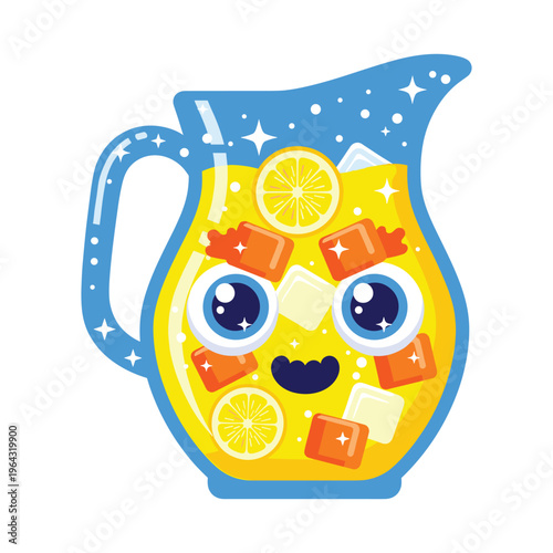 Cute Cartoon Lemonade Pitcher with Happy Face, Ice Cubes, and Lemon Slices