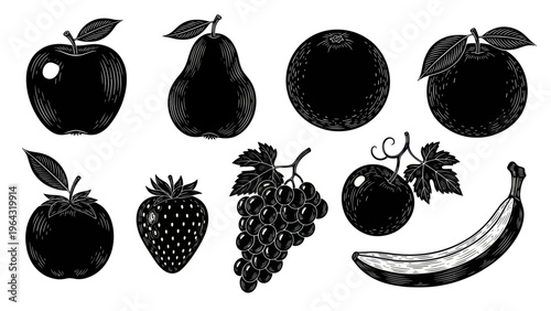 Collection of Black and White Fruit Silhouettes.