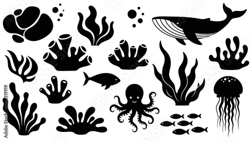 Collection of Black Silhouette Sea Creatures and Plants Underwater Scene Elements.