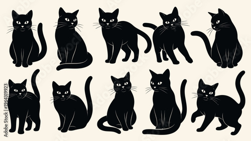 Collection of Black Cats in Various Poses and Styles.