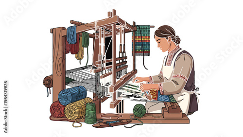 Artisan at Loom: A skilled craftswoman diligently operates an old-fashioned weaving loom, expertly creating a textile, reflecting craftsmanship, tradition and handmade art.
