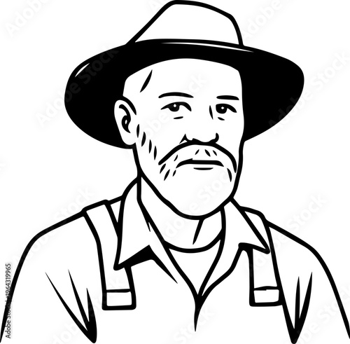 Hand Drawn Elderly Farmer Man Black and White Illustration in Minimal Solid Art Style Design