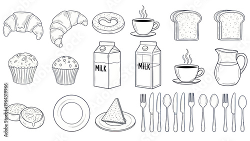 Collection of Breakfast Food and Drink Items Hand Drawn Sketch.