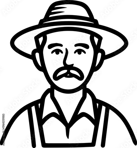 Hand Drawn Elderly Farmer Man Black and White Illustration in Minimal Solid Art Style Design
