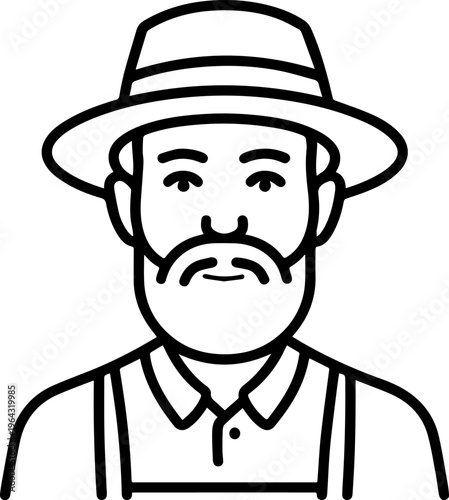 Hand Drawn Elderly Farmer Man Black and White Illustration in Minimal Solid Art Style Design
