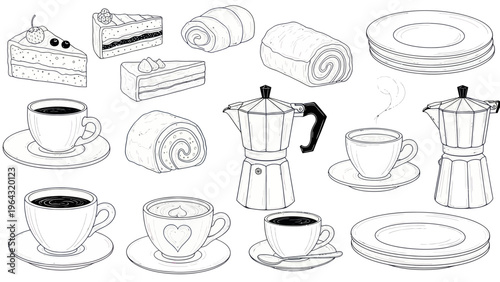 Collection of Coffee Cups Cakes and Pastries with Moka Pots.