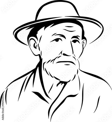 Hand Drawn Elderly Farmer Man Black and White Illustration in Minimal Solid Art Style Design