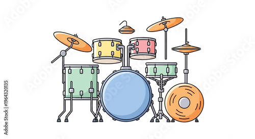 Drum set with colorful musical instruments.
