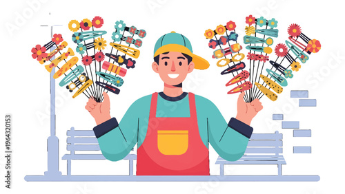 Vendor's Delight: A street vendor smiles, displaying vibrant hair clips, his array of cheerful accessories offering a burst of color and style.