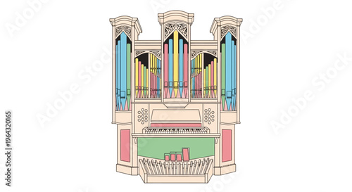 Colorful pipe organ interior details.