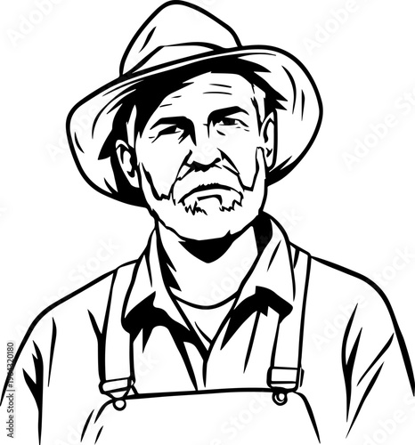 Hand Drawn Elderly Farmer Man Black and White Illustration in Minimal Solid Art Style Design