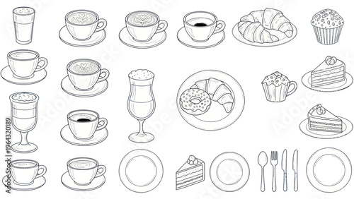 Collection of coffee cups, pastries, and desserts in outline style.