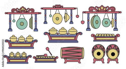 Gamelan Instruments on Wooden Stands.