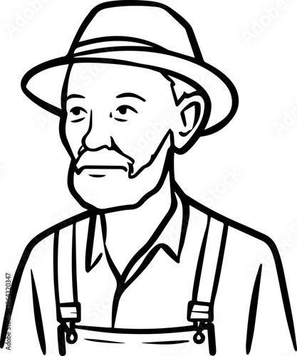 Hand Drawn Elderly Farmer Man Black and White Illustration in Minimal Solid Art Style Design