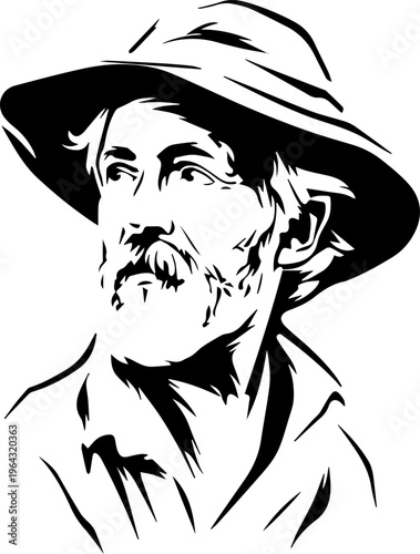 Hand Drawn Elderly Farmer Man Black and White Illustration in Minimal Solid Art Style Design