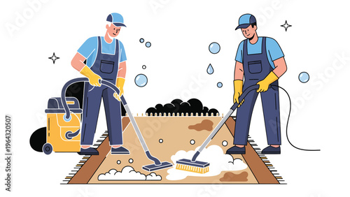Diligent Duo in Carpet Care: Two uniformed professionals meticulously rejuvenate a rug, utilizing specialized tools to banish dirt and stains, showcasing their commitment to pristine cleanliness.