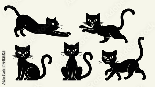 Collection of Five Black Cat Silhouettes in Various Poses.