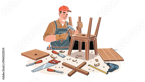 Craftsman at Work: A skilled craftsman meticulously assembles a wooden chair in his workshop, embodying the artistry and dedication of carpentry.