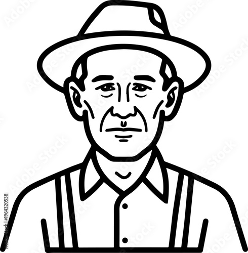 Hand Drawn Elderly Farmer Man Black and White Illustration in Minimal Solid Art Style Design