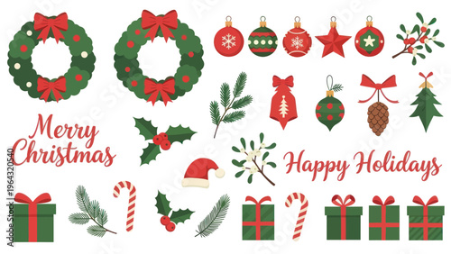 Collection of festive Christmas and holiday season decorative elements.