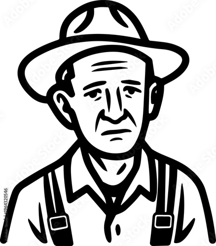 Hand Drawn Elderly Farmer Man Black and White Illustration in Minimal Solid Art Style Design