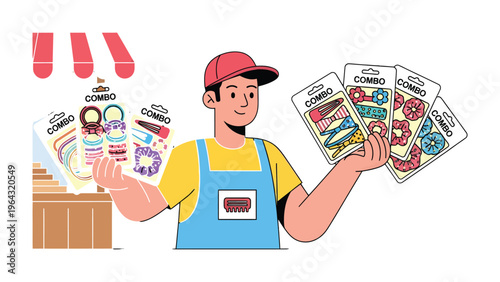 Smiling Merchant at the Market: A cheerful vendor displays a colorful assortment of fashion accessories at a vibrant outdoor market. The scene exudes an atmosphere of commerce, customer engagement.