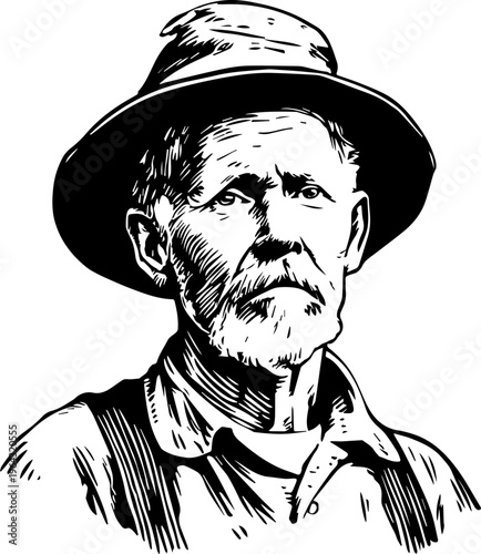 Hand Drawn Elderly Farmer Man Black and White Illustration in Minimal Solid Art Style Design