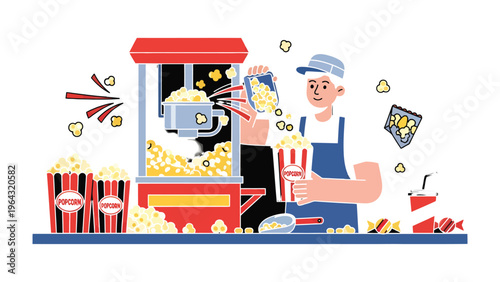 Popcorn Artisan: A dedicated popcorn maker prepares freshly made popcorn, a sweet, savory delight, as a cornerstone of cinema and leisure.