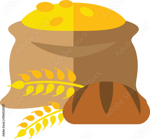 vector illustration of bread with  flour , Vector collection of wheat products including sheaf grain sacks and fresh baked bread loaves, Cartoon vector illustration set of wheat grain sacks sheaf and 